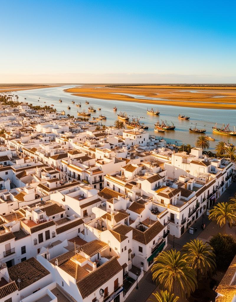 Aerial view across Sanlúcar de Barrameda toward Doñana